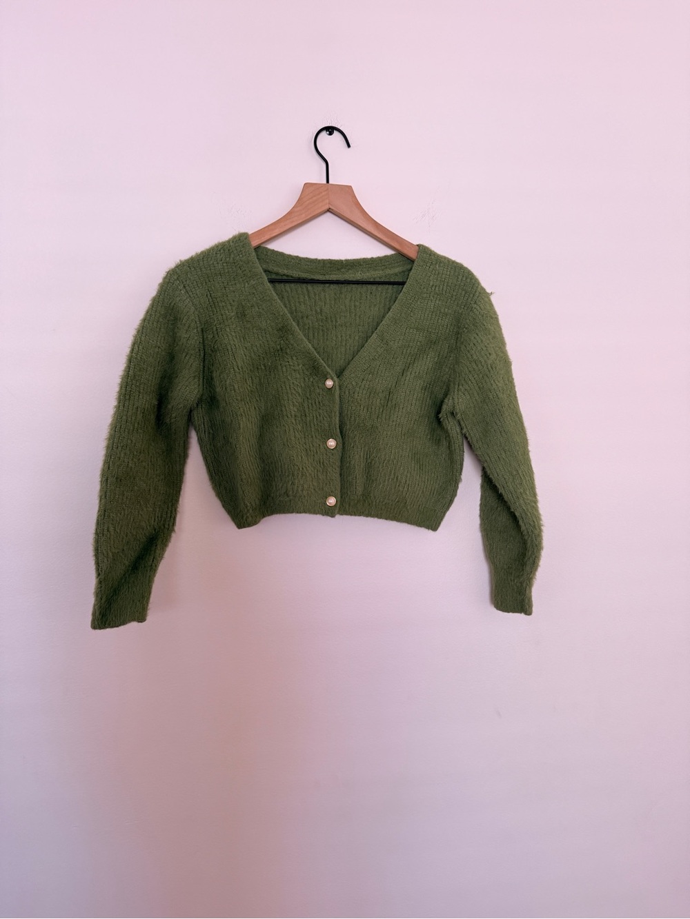 Olive Green Cropped Pearl Button Women's Sweater